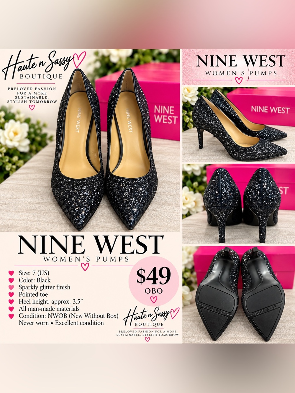 Nine West Black Glitter Pointed-Toe Pumps 
Size 7 NWOB